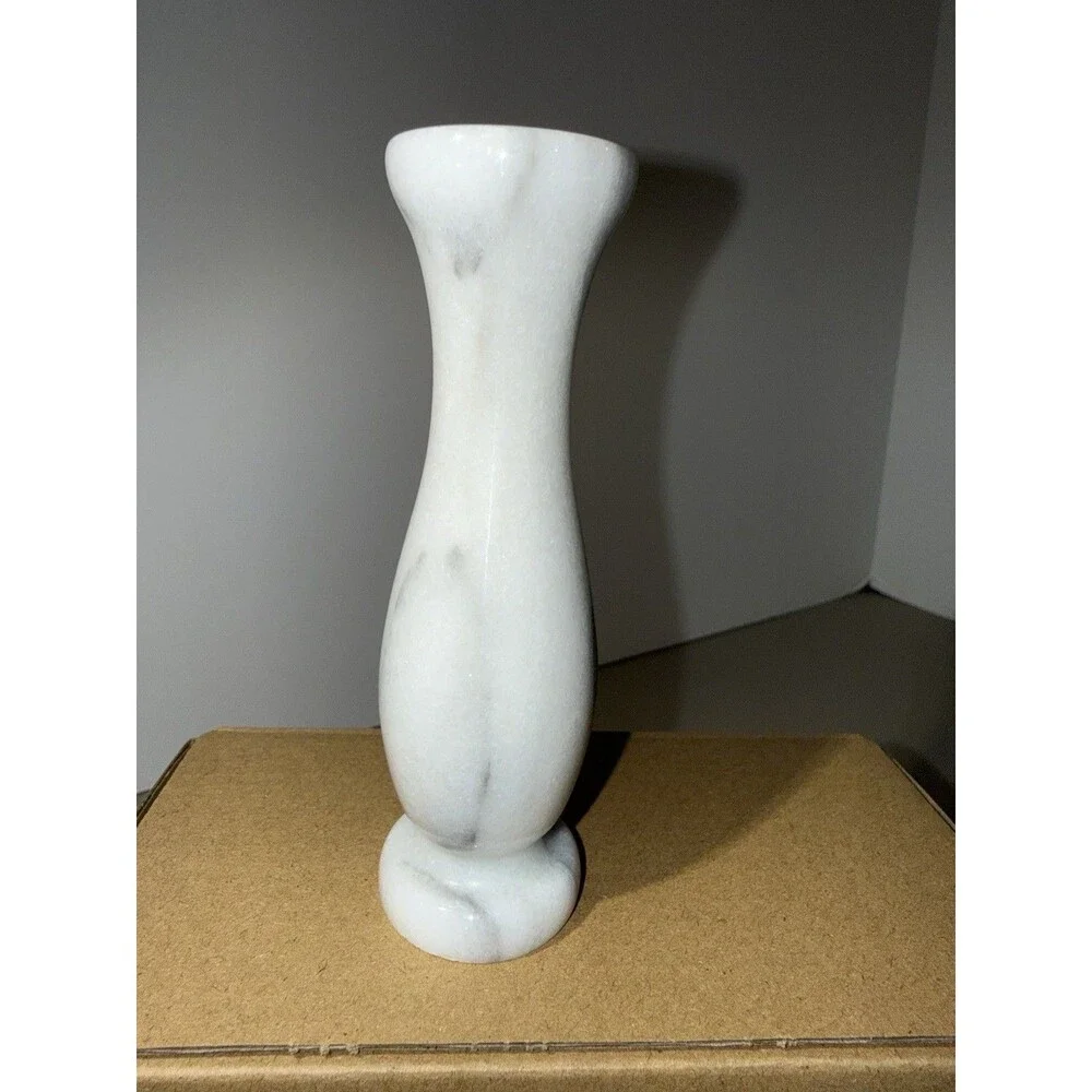 VTG. 5 inch Hand Polished Hourglass Marble Vase With Natural Gray Veining. Italy